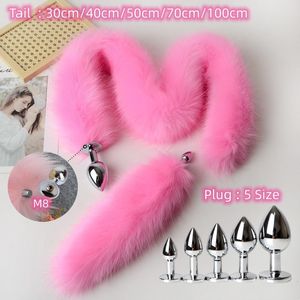 Anal Toys Anal Sex Toys of Long Pink Faux Fur Tail med rostfritt stål Metall Butt Plug för fetisch Fantasi Flirting Adult Supplies 230508