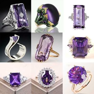 Band Rings 2023 Fashion Color Amethyst Женское кольцо Большой квадрат аметист -кубический цирконий -атмосферт кольцо модные женские ювелирные украшения Z0509