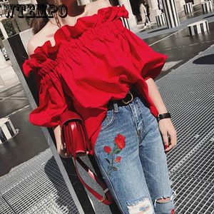 Blus offtheshoulder skjorta Ruffled Sexig blus Oneeneck Topp kvinnlig sommar Shortsleeved Korean Student Womens Bluses Red Crop Tops