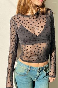Kvinnors T -skjortor Kvinnors långärmad spets trimmonterad ren mesh Crop Top Floral Star Print Neck Se om tee pullover y2k streetwear