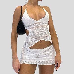 Tvådelt klänning Två bit set chic kvinnor v halshalter camis toppar sexig bröst wrap backless tie up bandage crop tops mini blyerts kjol vit 230509