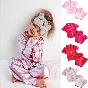 Pyjamas Sommer-Pyjama-Sets für Mädchen, Seidensatin, Oberteil, lange Ärmel, solide, seidige Pyjamas, Nachthemd, Kinder-Nachtwäsche für Jungen, Kleidung 230509