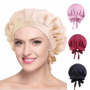 New Extra Large Satin Lined Bonnets For Women Wide Elastic Tie Band Silky Head Cover Adjustable Ribbons Turban Night Sleep Cap