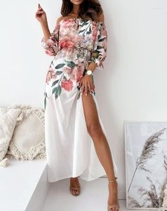 カジュアルドレス通勤女性のドレス2023夏のエレガントファッションセクシーなショルダーフラワープリント半袖スリムフィット