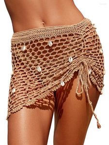 Kadın Mayo Kadın Plajı Sarong etek Bikini Dipler Kabuklar Dekor İçi Boş Örme Drawstring Sarma Tatil Örtüsleri