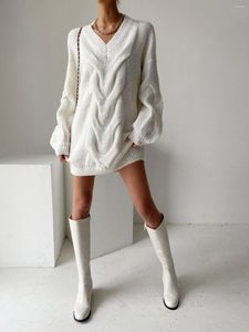 Casual Dresses 2023 Simplee High Street V-neck Lantern Sleeves Knitted Dress Women Loose Sweater Female Solid Winter Mini