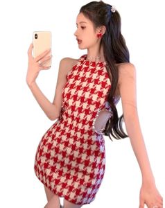Women's red houndstooth grid print casual dresses sleeveless knitted waist cutout rhinestone patched bodycon tunic short vestidos