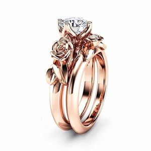 Band Rings Modyle 2023 New Fashion Silver Color and Rose Gold Color Rose Flower Ring Set For Woman CZ Stone Wedding Ring Dropshipping Z0509