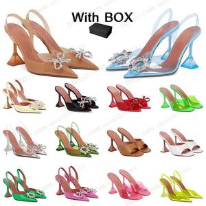 con scatola Amina Muaddi Sandali Sandali firmati Scarpe con tacco alto Bowknot Crystal Diamond Decoration Fibbia in PVC trasparente Punta a punta Sandalo dhgate girasole