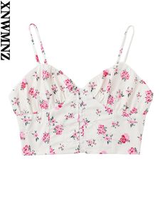 Camis xnwmnz 2022 verão moda feminina floral impressão espartilho topo estilo resort gola de coração volta reunidos botão frontal feminino chique topo
