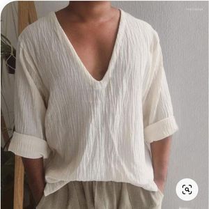 Men's Casual Shirts Vintage Cotton Linen Shirt Men Breathable Long Sleeve Oversize Tops Summer V Neck Boho Style Mens