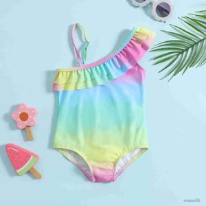 Two-Pieces Baby Girls Swimwear Infant Off Shoulder Sleeveless Gradient Print Bikini Kids Beachwear Toddler Bathing Suits Swimsuits Romper
