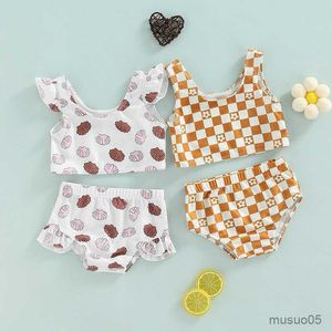 Costume da bagno da ragazza in due pezzi Set da bambino Costume da bagno con motivo a quadri stampato per bambini Top con maniche a mosca Pantaloncini coordinati