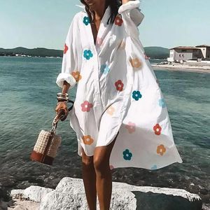 Party Dresses Autumn Summer Fashion Womens Shirts Casual Printed Lapel Long Sleeve Buttons Irregular Beach Sexy 230508