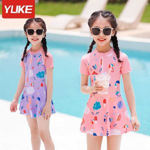 Barnens badkläder Yuke Retro One Piece Swimsuit Girls Front Zipper Print Badkläder för barn Baby Princess Kjol Children Swimming Bathing Suit P230509