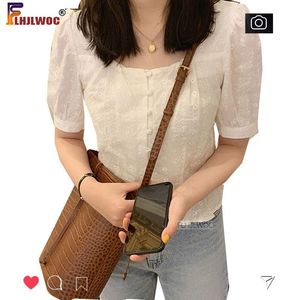 Blusa simpatica dolce corta dolce cinghia di peplo corta estate in stile preppy coreano ragazza in pizzo bianco cotone arruffato a maniche corta camicia camicia camicia