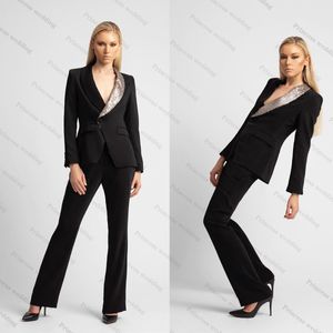 Pantaloni da donna neri fantastici Set 2 pezzi Blazer da ragazza con paillettes risvolto Custom Made Plus Size Office Lady Party Prom Wear