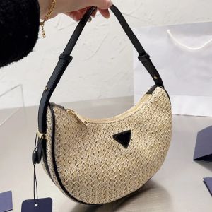 Woven Underarm Bag Straw Handbags Lafite Grass Half Month Bags Women Clutch Handbag Leather Handle Zipper Closure Fashion Letter 2401