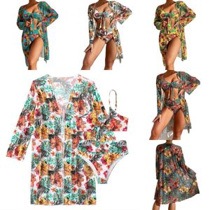 Sexy High Waisted Bikini Three Pieces Floral Printed Swimsuit Women Bikini Set With Mesh Long-Sleeved Blouse Size S-XL