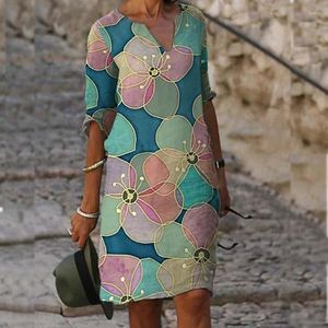 Casual Dresses Women Elegant Floral Print Dress Summer Clothes Half Sleeve Midi V-neck Vintage Beach Vestidos De Mujer