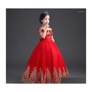 Flickans klänningar flickor röd formell golvlängd blommaklänning med guld applikation spets lång prinsessa brithday 3d blommor barn bollklänning dr dhjwy