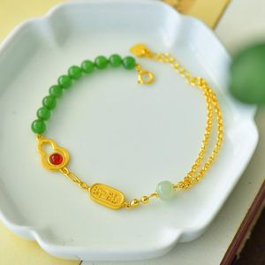 Bracelets de link 2023 Bracelete de mulher imitação gótica natural jade hetiana jade maçã verde redonda contas de ouro banhado em estilo chinês em estilo chinês calcedonia