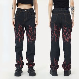 Men's Jeans Street Flame Printed American Style National Brand Autumn Straight Mid Waist Trousers Men and Women Same 230509