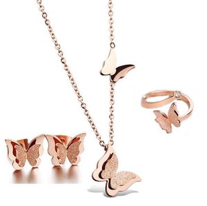Necklace Earrings Set & 316L Stainless Steel Rose Gold Color Frosted Butterfly Charms Jewelry Stud Adjustable Ring