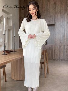 Party Dresses Elegant Ruched Belt Womens Dress Summer ONeck Flare Sleeve Pleated For Women Chic Slim High Waist Vestidos 230508