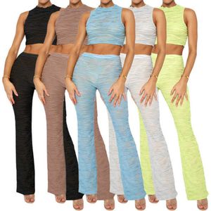 Summer Two Piece Pants Designer 2023 Women Sexy Knitted Stripe Perspective Crop Tank Top Solid Outfits Street Trendsetter Sets