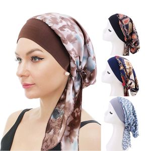 New Women Printed Pre-Tied Muslim Turban Hijab Cancer Chemo Sleep Hat Hair Care Cover Head Wrap Hair Loss Hat Headwear Bandana