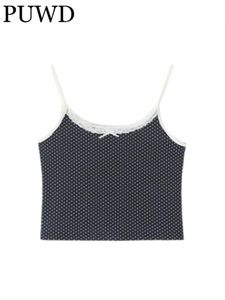 Camis PUWD Casual Women Navy Retro Lace Backless Camis 2022 Summer Fashion Ladies Sleeveless Girls Knitted Slim Camisole Top