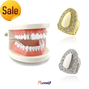 POENNIS New Custom Oro Piccolo Dente Singolo Grillz Oro Argento Placcato Micro Set Trapano Bretelle Hip Hop Denti Grill Gioielli per il corpo