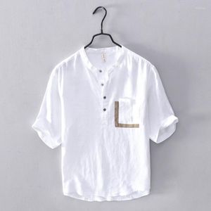 Camisetas masculinas de linho de verão do pescoço redondo de lazer fino e fino de mangas curtas 798