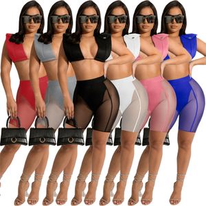 Designer Tracksuits Sexy Mesh Patchwork Two Piece Set Women Outfits Summer Sheer Clothes Mode Se genom Crop Top and Shorts Night Club Wear Wholesale 9841