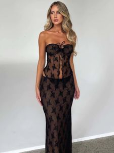 Abito a due pezzi Mozision Stampa in pizzo Set sexy Donna Top corto senza spalline e gonna lunga abbinata a s Night Club Party femminile 230509