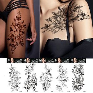 Tillfälliga tatueringar sexig svart blomma för kvinnor lår män falska måne ros kompass tatoos underarm arm ärm tatuering klistermärken 230509