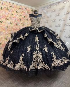 Luxus-Glitzer-Quinceanera-Kleider mit Pailletten in Gold mit Perlen-Schnürkorsett Charro Princess Prom Party Dresses Vestidos de 15 Anos