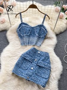 Tvådelt klänning Singreiny Women Summer Sexy Denim Set Strapless Sling Zipper Design Tops Short Button Mini kjol Jeans Suits 230509