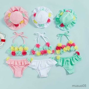 Tvådelar Princess Floral badkläder Bikini Set för spädbarnsflickor Baddräkter Bitande bindning halter hals ruffles Beahwear Sun Hat Set