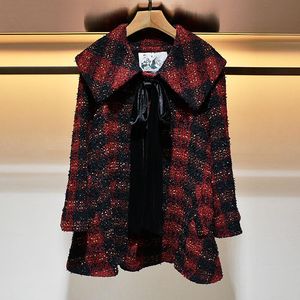 Kvinnors ull blandar vintern 2023 Bow Red Plaid Coat S201377 Löst trasa