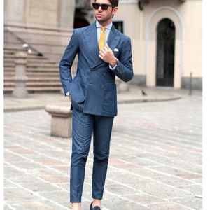 Men's Suits Blazers Men's Suit 2 Piece Blue Slim Fit Double Breasted Male BlazerBusiness Style Costume Groomsmen Wedding Dresses jacketPantsTie 230509