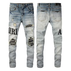 Erkek Jeans Avrupa ve Amerika High Street High Street Jeans Erkek Broken Patch Slim Fit Slim Feet Pantolon