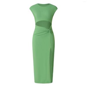 Casual klänningar puloru kontor lady green ribbed bodycon midi klänning sommar ärmlös rund hals vridning front cutout wrapped split split