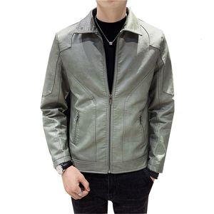 Jaquetas masculinas jaqueta de couro de lapela coreana masculina spring outono inverno slim bordal manga longa zíper cinza casaco de couro verde bombardeiro 230509