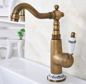 Kitchen Faucets Retro Antique Brass Swivel Spout Basin Faucet Single Handle Bathroom Sink And Cold Water Mixer Tap Dnf605