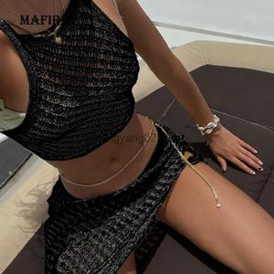 Two Piece Dress Women 0-Neck Short Top Skirt 2PCS Set Sexy Holiday Hollow Out Sleeveless Ladies Outfit Solid Slim Streetwear Suit T230510