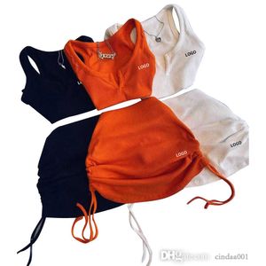 Womens Cotton Pit Stripe Dress Suit High Elastic V-neck Open Waist Drawstring Embroidered Skirt Set
