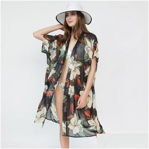 Sarongs 2022 Fashion Folral print cardigan bikini er up chiffon summer beach dress ملابس السباحة نساء kaftan شال