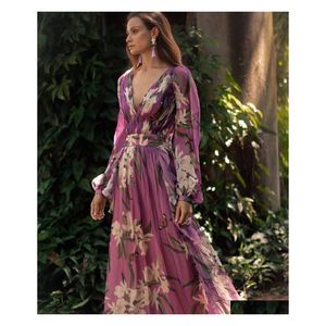 Casual Dresses Autumn Women Fashion Bohemian Floral Printed V Neck Long Sleeve Pleated Chiffon Dress Wholesale Ship Z4 Drop Delivery DHOH1